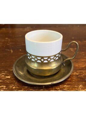 Vintage Silver Plate & Porcelain Demitasse Cups With Saucers Set Of 2 Italian